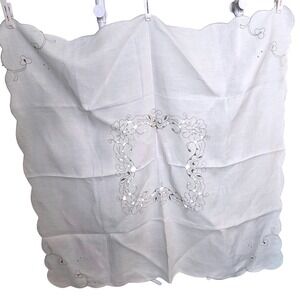 Vintage Linen Tablecloth Floral Embroidery Scalloped Edge 39" Square Off White